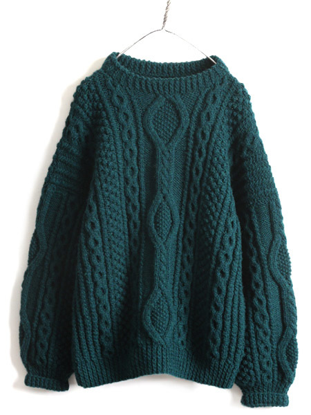 アイルランド製 手編み ■ フィッシャーマン ウール ハンドニット セーター ( メンズ L 程) アラン ケーブル ニット ローゲージ 肉厚 緑