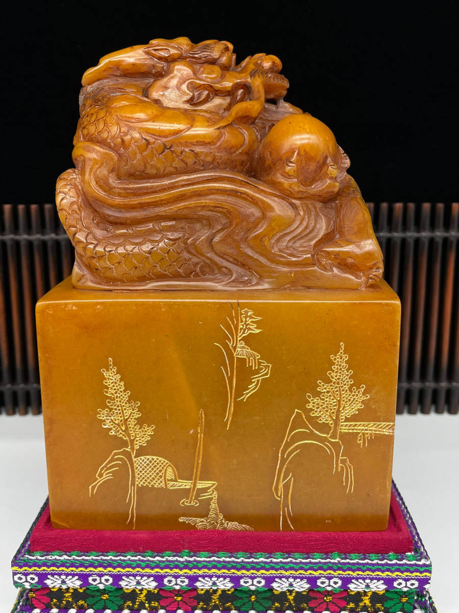 寿山石・田黄石・細密彫・龍戲珠印章『収蔵家蔵』置物・古賞物・古美術 ...
