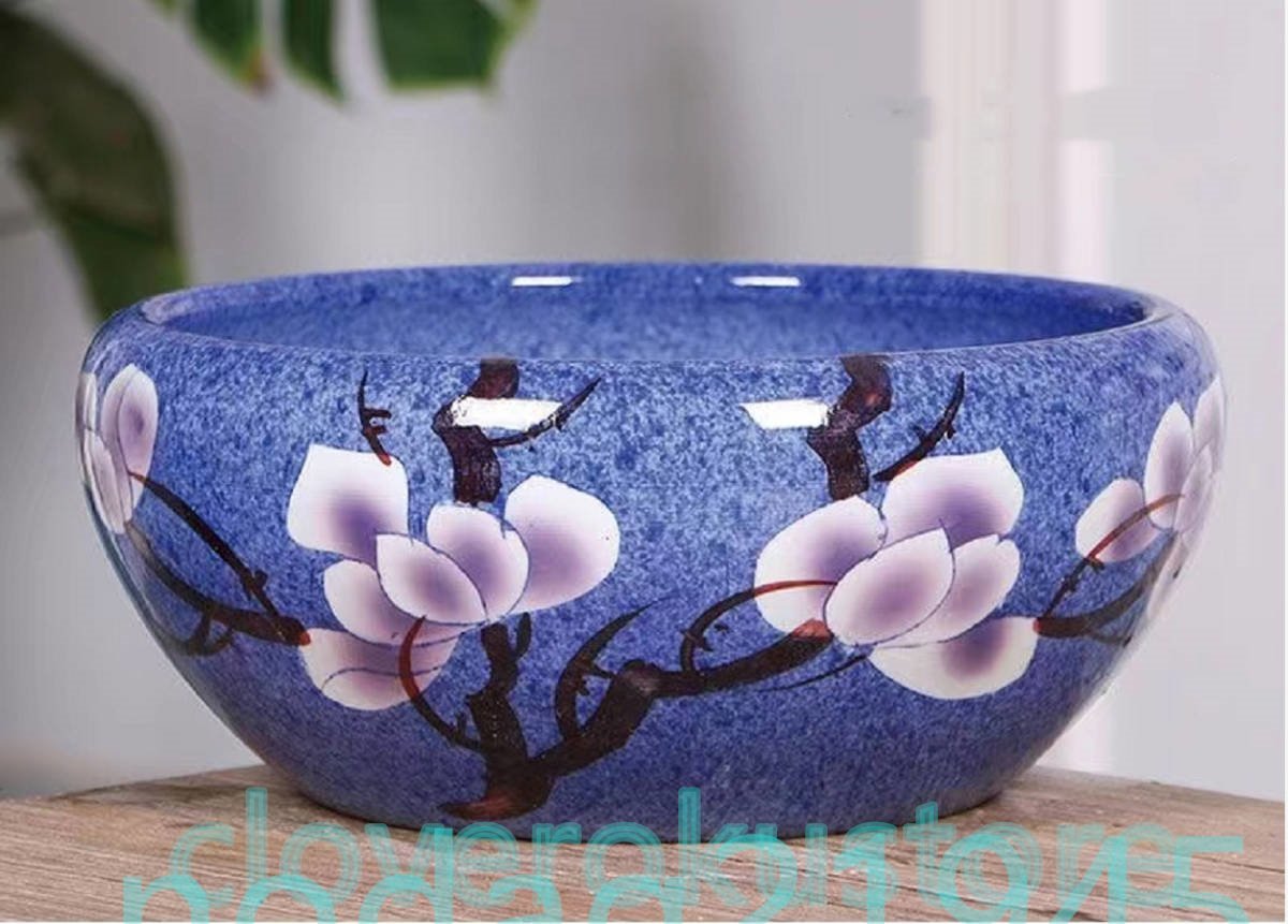 睡蓮鉢 綺麗な陶器製、メダカ、金魚、水性植物、手描きの逸品 ☆径24cm_画像1