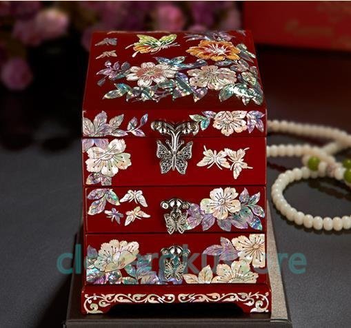 ◆極上品◆漆器 天然シェル 木製　 純手作り製作真珠層ラッカー貝殻ジュエリーボックス宝石箱結婚アクセサリーケース箱多層