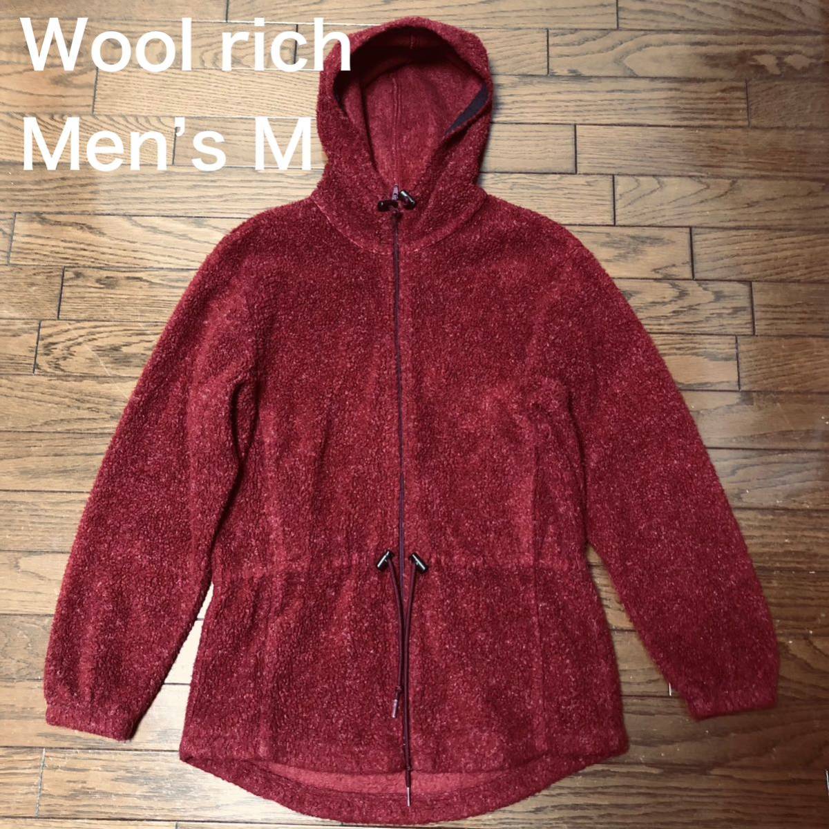 【送料無料】アメリカ製Woolrichジップアップボアフリースパーカージャケットえんじ色　メンズMサイズ　USA古着ウールリッチ