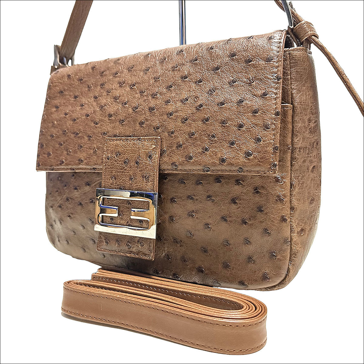 ショルダー⒮ 美品OSTRICH エキゾチック ショルダーバッグ グリーン