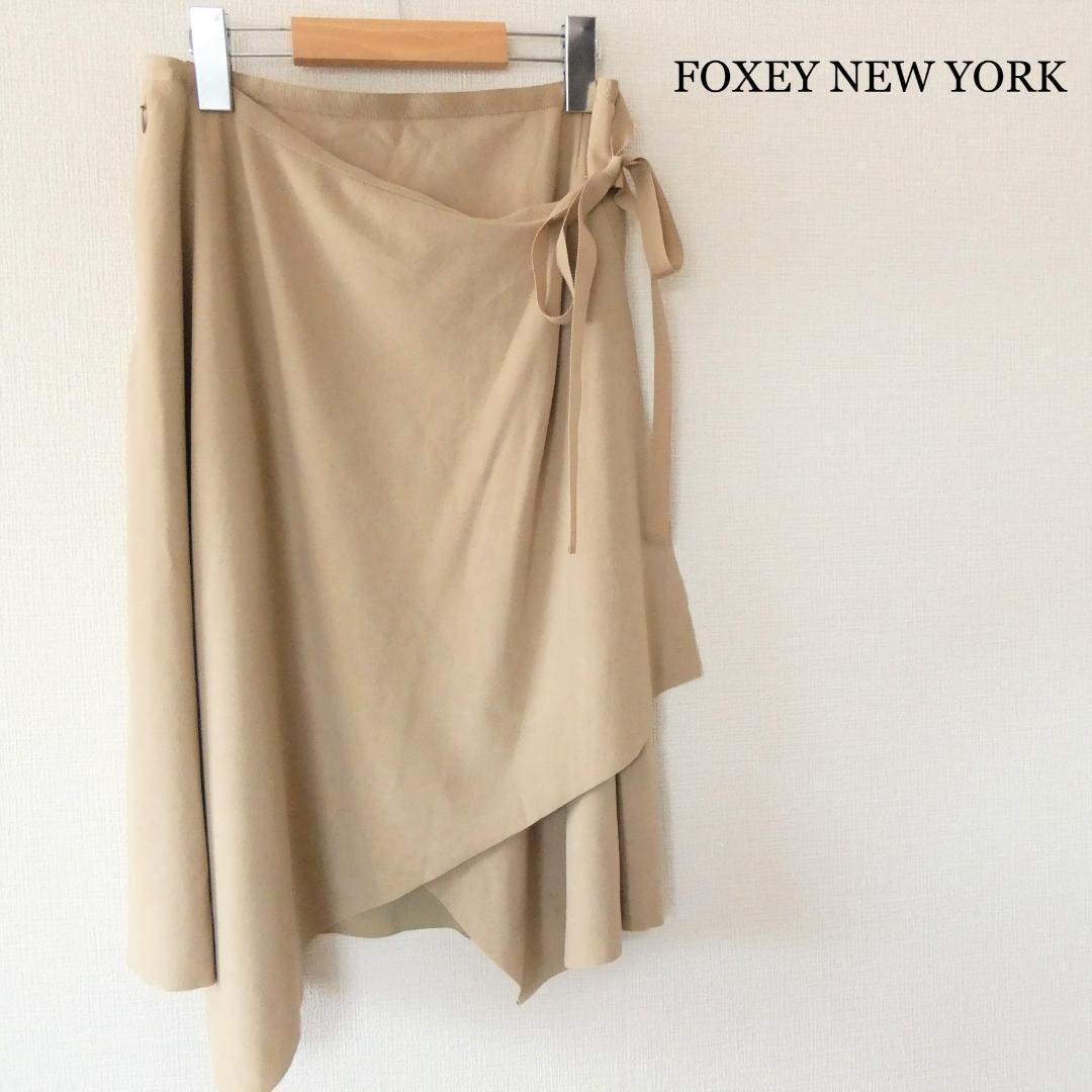 良品 FOXEY NEW YORK フォクシーニューヨーク アシンメトリー ウエストリボン ミディ ロング ラップスカート 40 M ベージュ A761