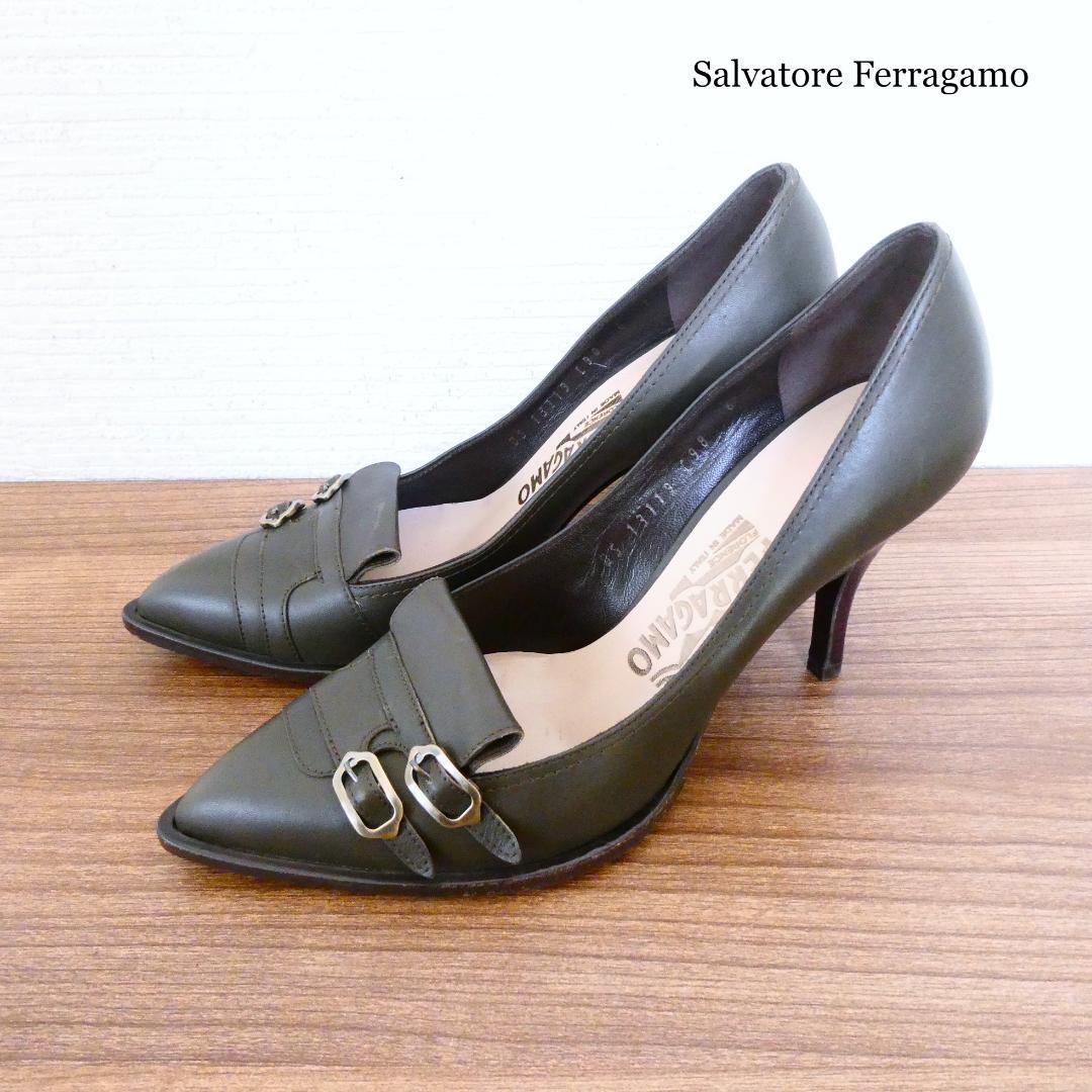 良品 綺麗 Salvatore Ferragamo サルヴァトーレフェラガモ レザー ベルト ポインテッドトゥ ハイヒール パンプス 6C 23㎝ カーキ A1483