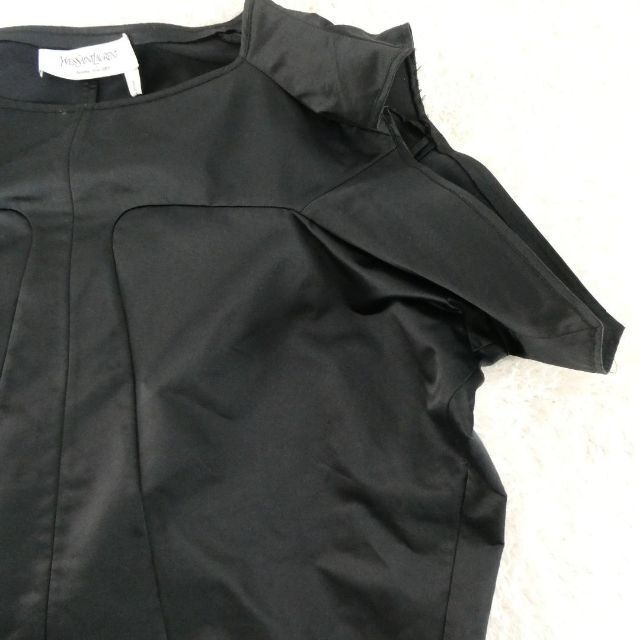  прекрасный товар Yves Saint Laurent Yves Saint-Laurent размер F36 атлас ткань квадратное шея короткий рукав деформация блуза cut and sewn чёрный черный 
