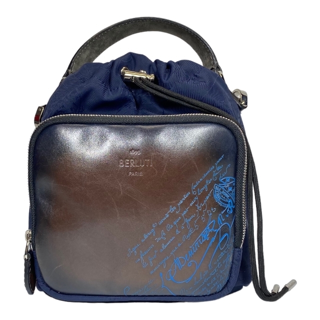 【希少モデル】Berluti ベルルッティ ハイクオン ミニ 2WAY ショルダーバッグ 巾着 カリグラフィー スクリット柄 レザー ナイロン ネイビー