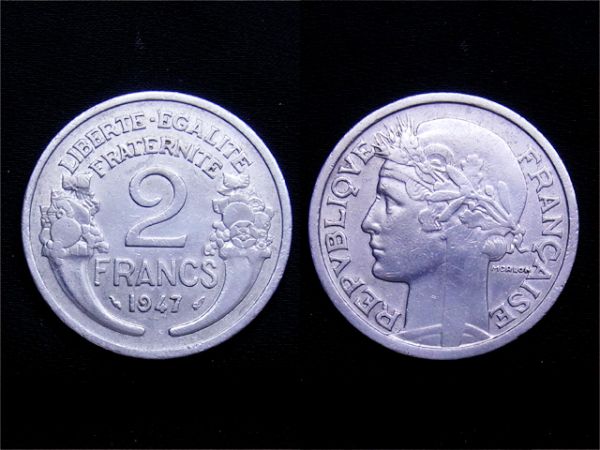 【フランス】 2フラン 1947年 Franc 豊穣の女神 セレス アルミ貨_画像1