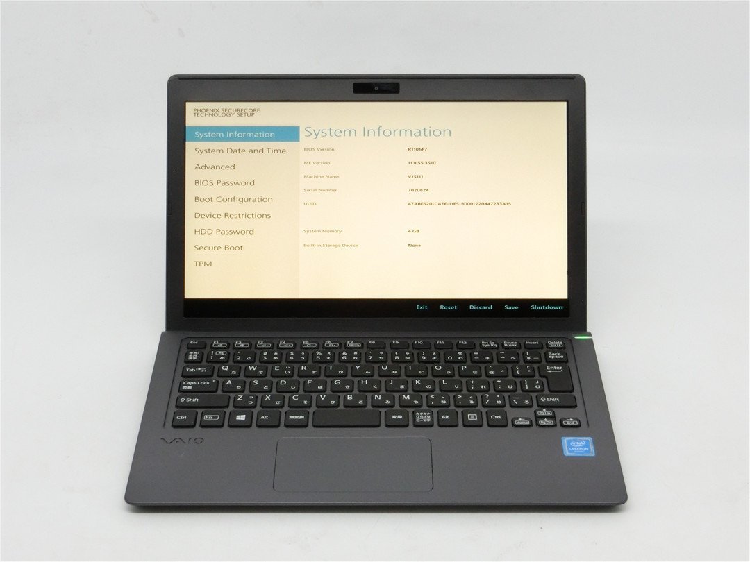世界的に 中古ノートパソコン SONY VJS111 Celeron 4GB BIOSまで表示
