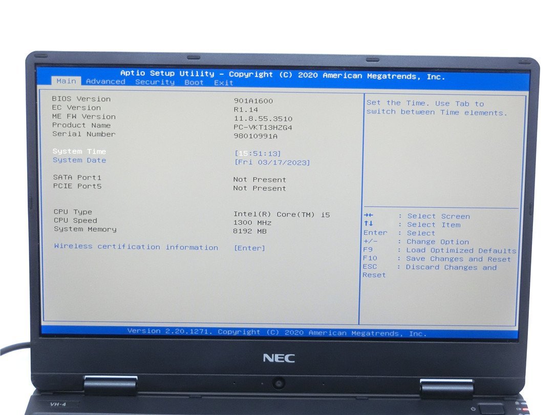 中古　NEC　PC-VKT13HZG4 VH-4　CORE8世代i5　8GB　13型 ノートパソコン　BIOSまで表示　縦線あり　詳細不明　　ジャンク扱い 　_画像2