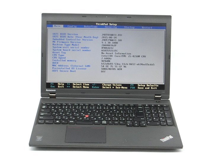 中古Lenovo ThinkPad L540　 Core 4世代I5　4GB　15型 ノートパソコン　BIOSまで表示　詳細不明　　ジャンク扱い 　_画像1