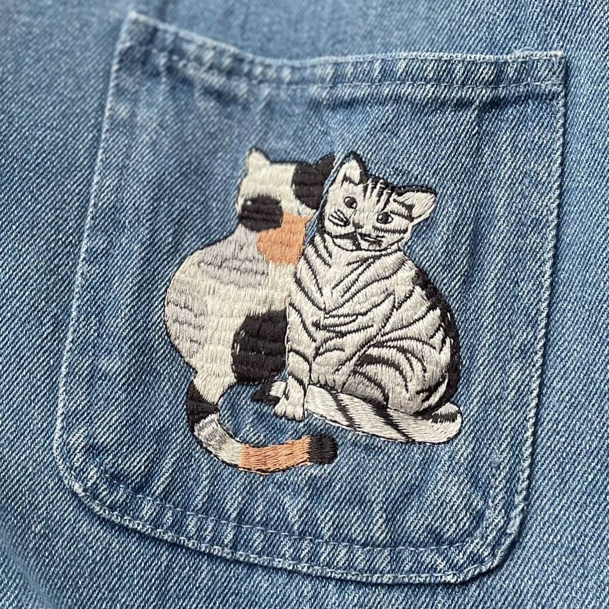 vintage 猫 刺繍 ポケット デニムジャケット カバーオール_画像9