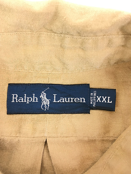 古着 90s Ralph Lauren ワンポイント ソリッド リネン BD シャツ カーキ XXL 古着_画像5