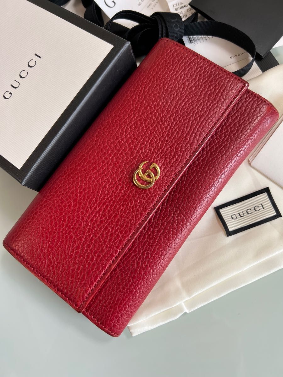 GUCCI グッチ　プチGGマーモントコンチネンタル　長財布　ハイビスカスレッド