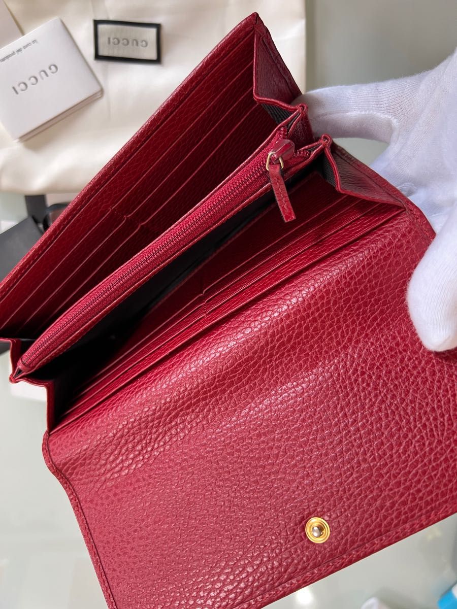 GUCCI グッチ　プチGGマーモントコンチネンタル　長財布　ハイビスカスレッド