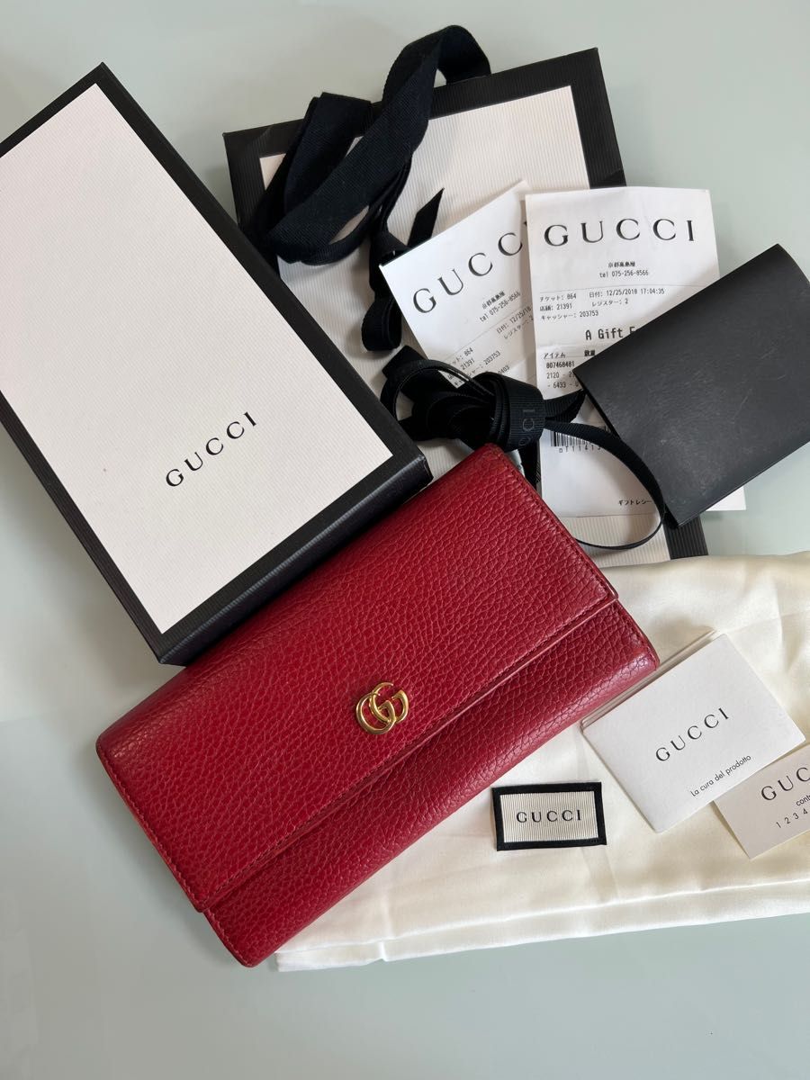 GUCCI グッチ　プチGGマーモントコンチネンタル　長財布　ハイビスカスレッド