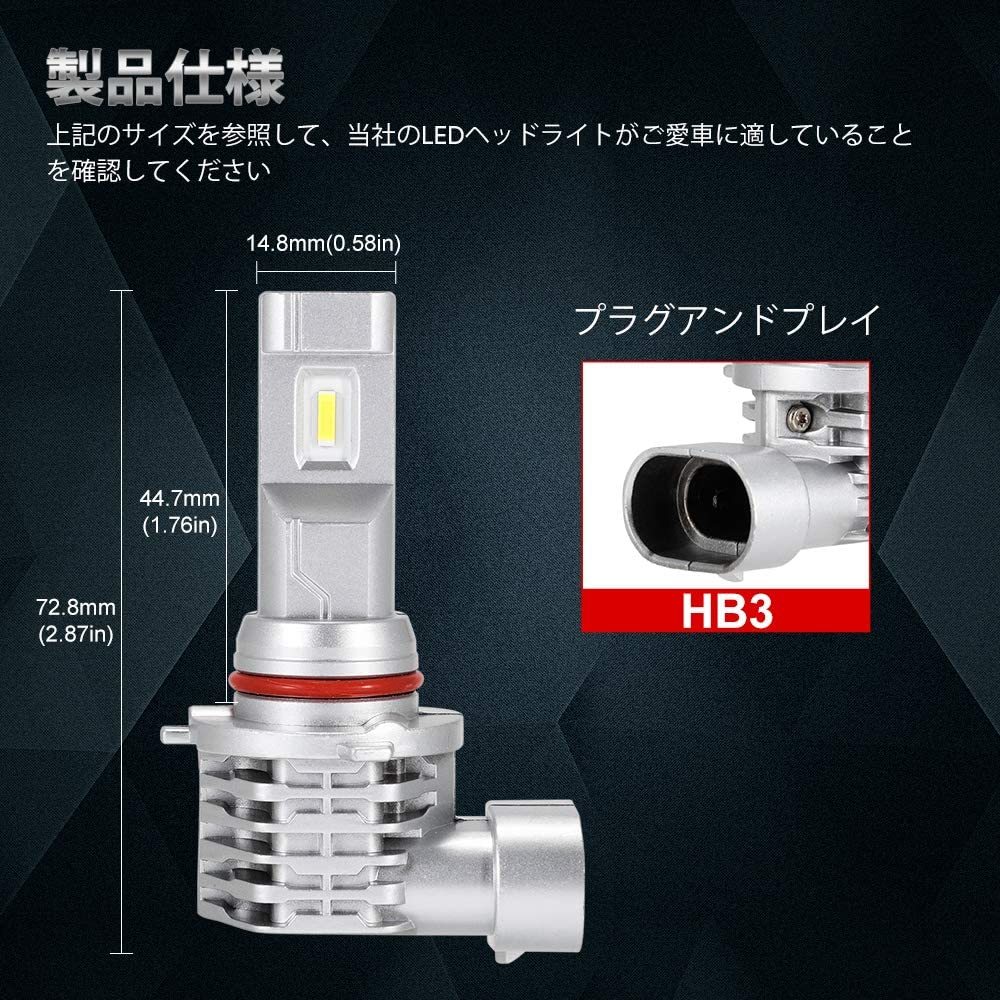 【送料込み】（シルバー）　NOVSIGHT LEDヘッドライトHB3 ファンレス 高性能LEDチップ搭載 車/バイク用_画像2
