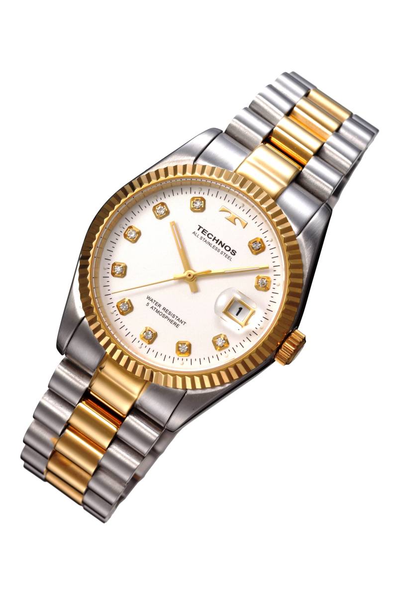 【展示品アウトレット】【贈り物・誕生日・ギフト】TECHNOS テクノス腕時計 メンズ腕時計 3針カレンダー 男性腕時計 アナログクォーツ 白