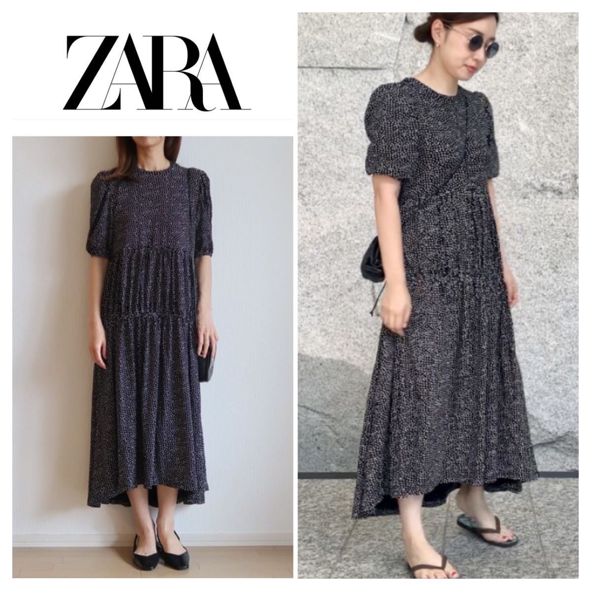 ZARA ドット　ギャザー入りワンピース　半袖　ワンピース　L コットン100％　ロングワンピース 20210703_画像1