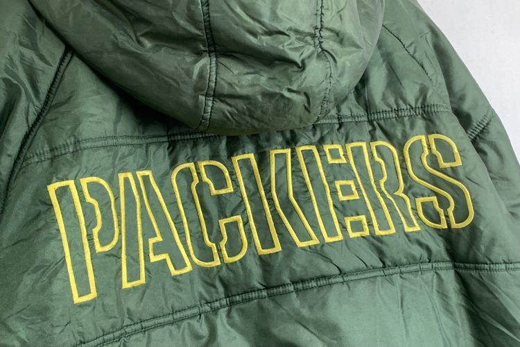 グッドスタイル!!90sビンテージGameDay NFLアメフトGreenBayPackersグリーンベイパッカーズ中綿ダウンパーカジャケットL緑アメカジnr711_画像9