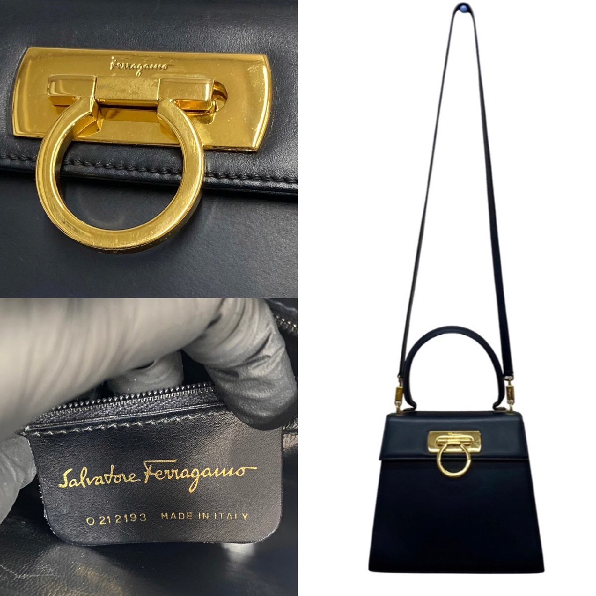 美品 Salvatore Ferragamo サルヴァトーレフェラガモ ガンチーニ 金具 レザー 2way ショルダーバッグ ハンドバッグ ネイビー 24367_画像4