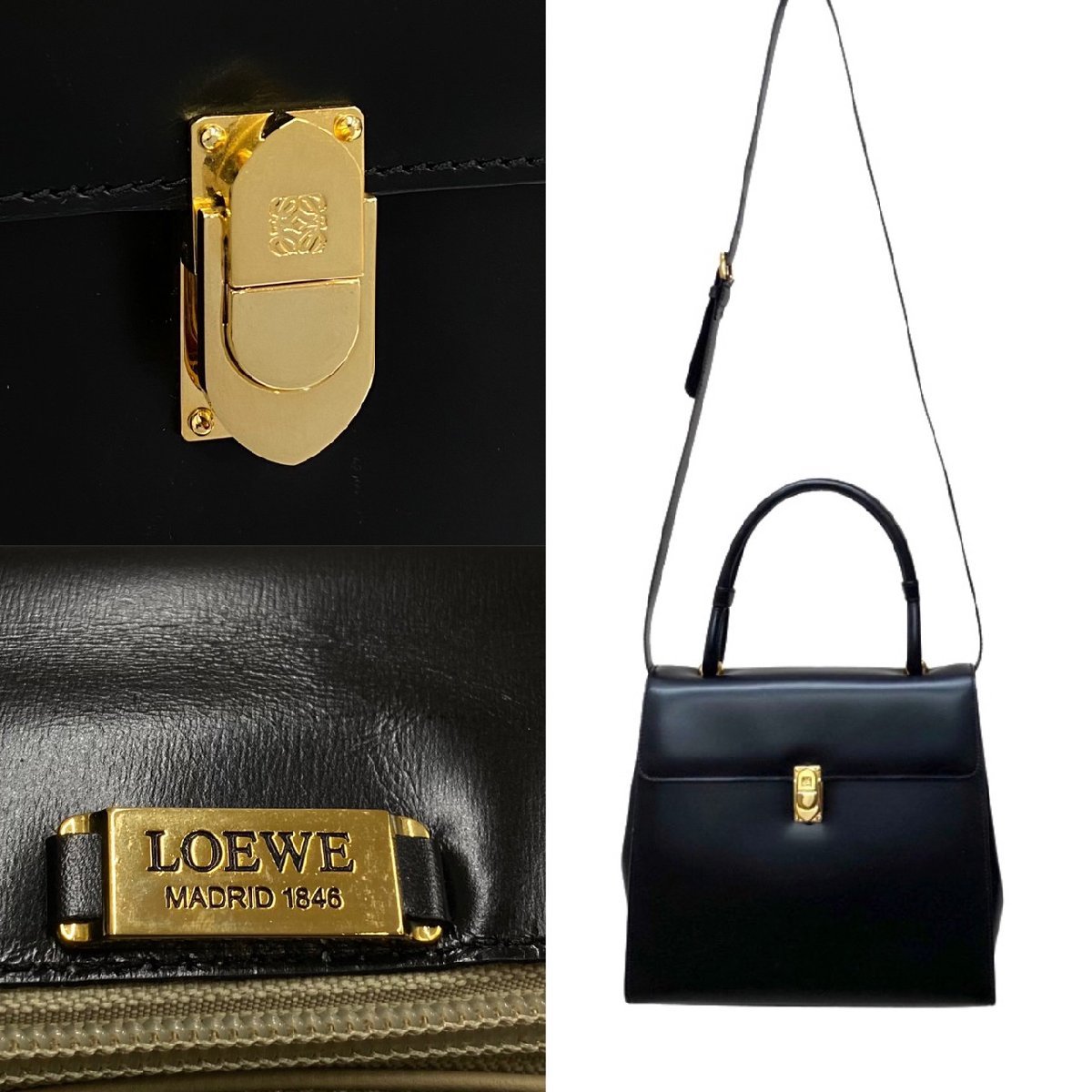 極 美品 保存袋付き LOEWE ロエベ アナグラム ロゴ 金具 カーフレザー 本革 2way ハンドバッグ ショルダーバッグ ブラック 72620_画像4