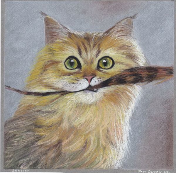 ☆イラスト原画　獲物をしっかり加えた表情が可愛らしい　 「誇らしげな猫」