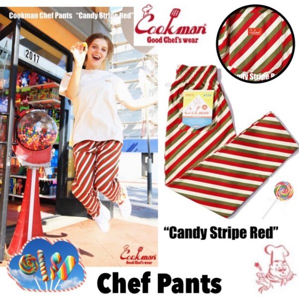 送料0 【COOKMAN】クックマン Chef Pants シェフパンツ Candy Stripe Red 231-31812 -L 男女兼用 キャンディーストライプ イージーパンツ_画像1