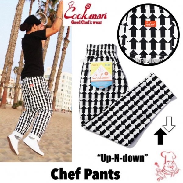 送料0 【COOKMAN】クックマン Chef Pants シェフパンツ Up-N-down 231-31802 -L 男女兼用 アップダウン 矢印柄 モノトーン イージーパンツ