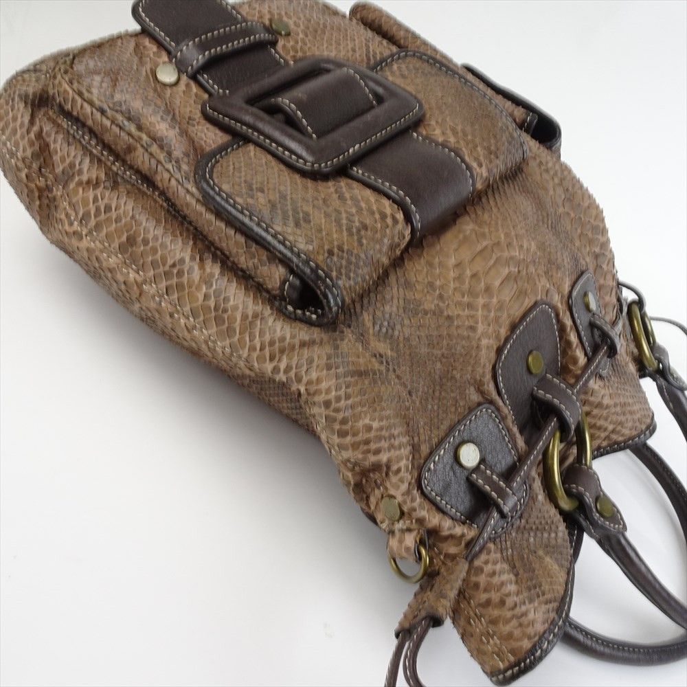 パイソンレザー ハンドバッグ 茶 ブラウン 通勤バッグ 収納 A4ファイル可能 ヘビ革 トートバッグ レザーバッグ ベルトデザイン