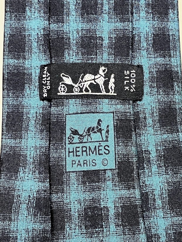 HERMES エルメス Silk シルク 100 総柄 ネクタイ ネイビー×ブラック チェック_画像4