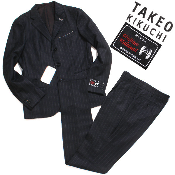 新品 TAKEO KIKUCHI ウィリアムハルステッド ストライプ 3B スーツ セットアップ sizeL 931-65301 タケオキクチ