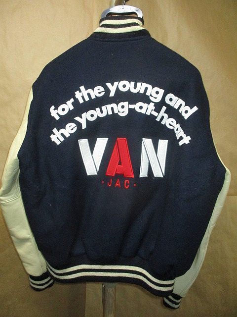 VAN JAC 2面 ロゴ ワッペン 袖レザー スタジャン M ネイビー