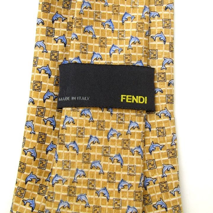 フェンディ アニマル柄 イルカ ズッカ柄 高級 シルク ワイドタイン イタリア ブランド ネクタイ メンズ 黄 良品 FENDI_画像3