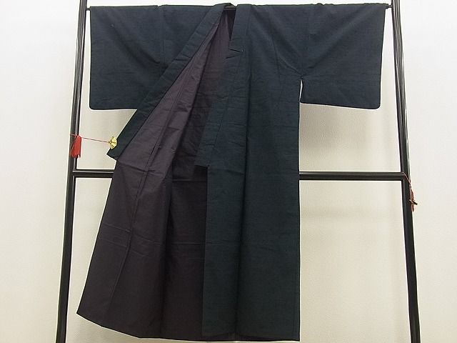 着物屋ほのか□男性 髭紬 アンサンブル 逸品 藍鉄色 色無地 by2090
