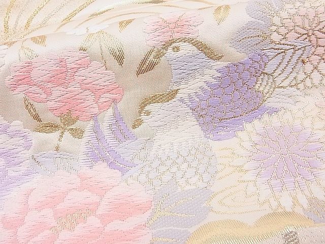 着物屋ほのか□西陣 六通柄袋帯 唐織 未使用 鴛鴦花蝶文 黒地 箔にしき
