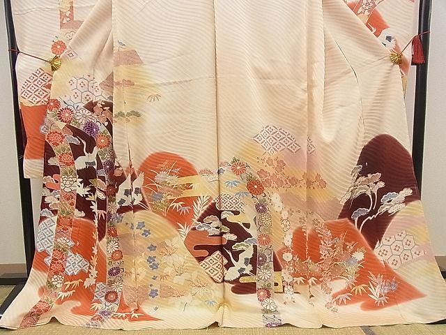 着物屋ほのか□豪華振袖 飛鶴吉祥草花文 暈し染め 金彩 未使用 仮絵羽