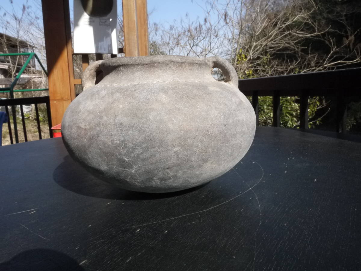 [H30304] unglazed ware earthenware . ear . water jar [ diameter 18cmx height 12cm] old . collector discharge goods 