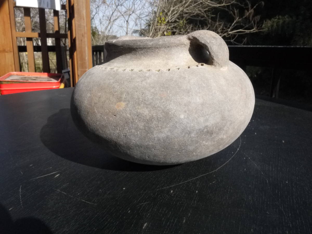 [H30304] unglazed ware earthenware . ear . water jar [ diameter 18cmx height 12cm] old . collector discharge goods 