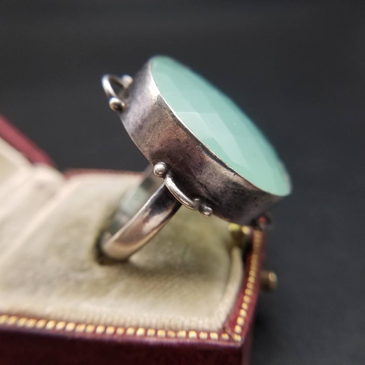  light green kaboshon stone ellipse large grain Vintage silver ring a-ru deco ring Showa Retro accessory jewelry import AMC①2