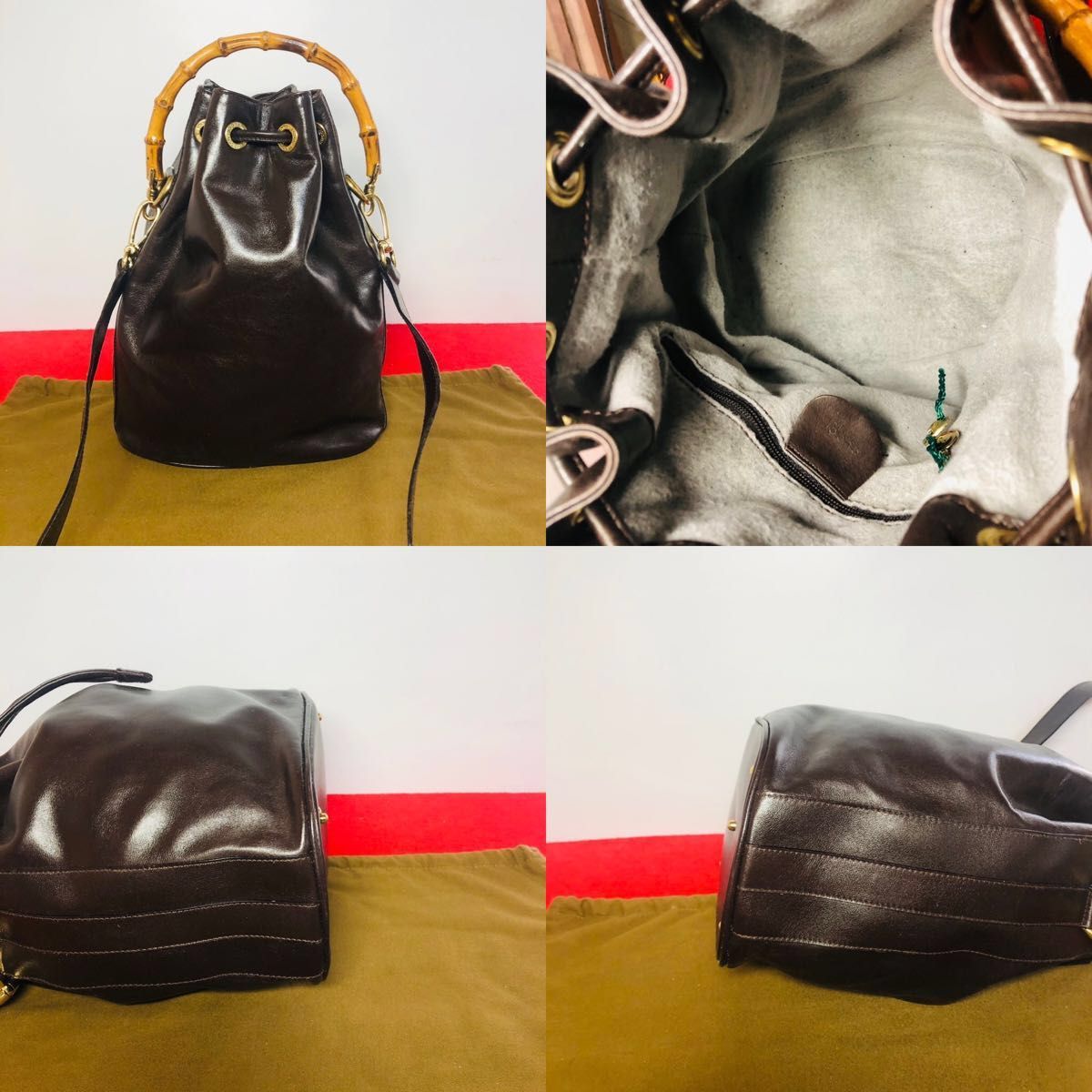 【極美品】☆GUCCI グッチ バンブー レザー 巾着型 2WAY バッグ ブラウン系