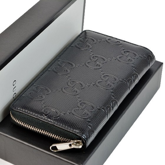 美品GUCCIミニラウンドジッパーGGエンボスレザーウォレット-