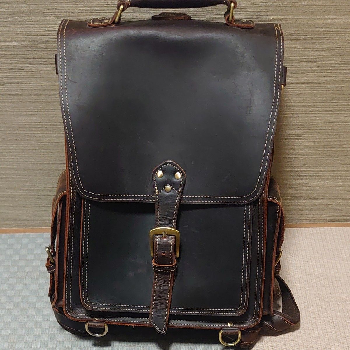 魅了 TIDING ブラウン レトロ風 バックパック BLACK 3WAY 極厚牛革