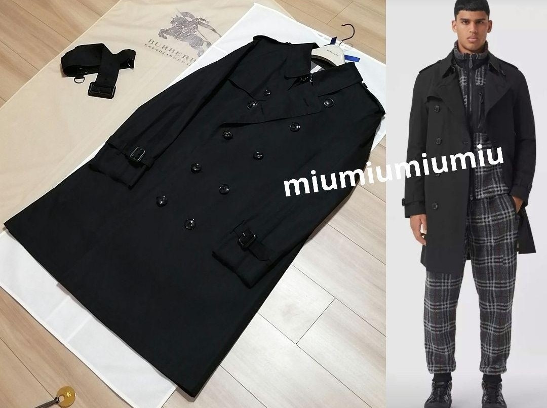 本物上質 トレンチコート 黒色 ベルト付き メンズ 大きいサイズ L XL
