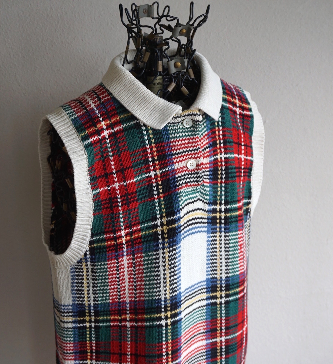 1980s〜90s ヴィンテージ Ralph Lauren 100%コットン ポロシャツ型ノースリーブニットセーター L タータンチェック ラルフローレン 古着