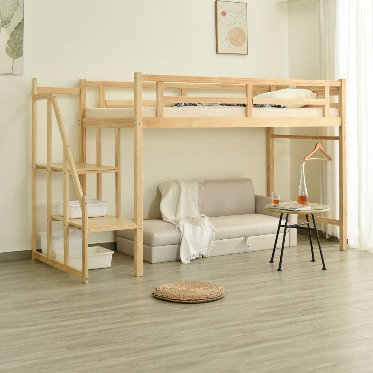 ロフトベッド シングル 階段付き 天然木 コンセント付き ロータイプ システムベッド ハイベッド 宮付き 木製ベッド子供ベッド ベッド 