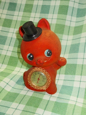 即決 昭和レトロ貯金箱フロッキー加工 陶器ねこShinko温度計付ネコ置物アンティーク猫ヴィンテージ橙色Cat Coinbank当時物オレンジ稀少
