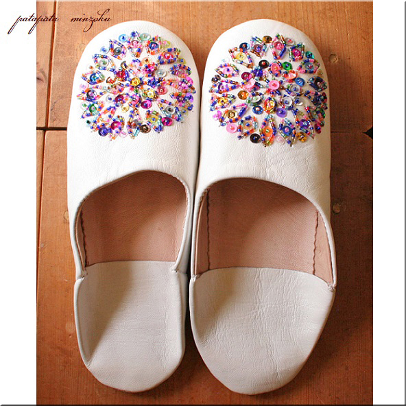  Bab -shu beads spangled white multi Aurora spangled patamimoroko sheep leather slippers 