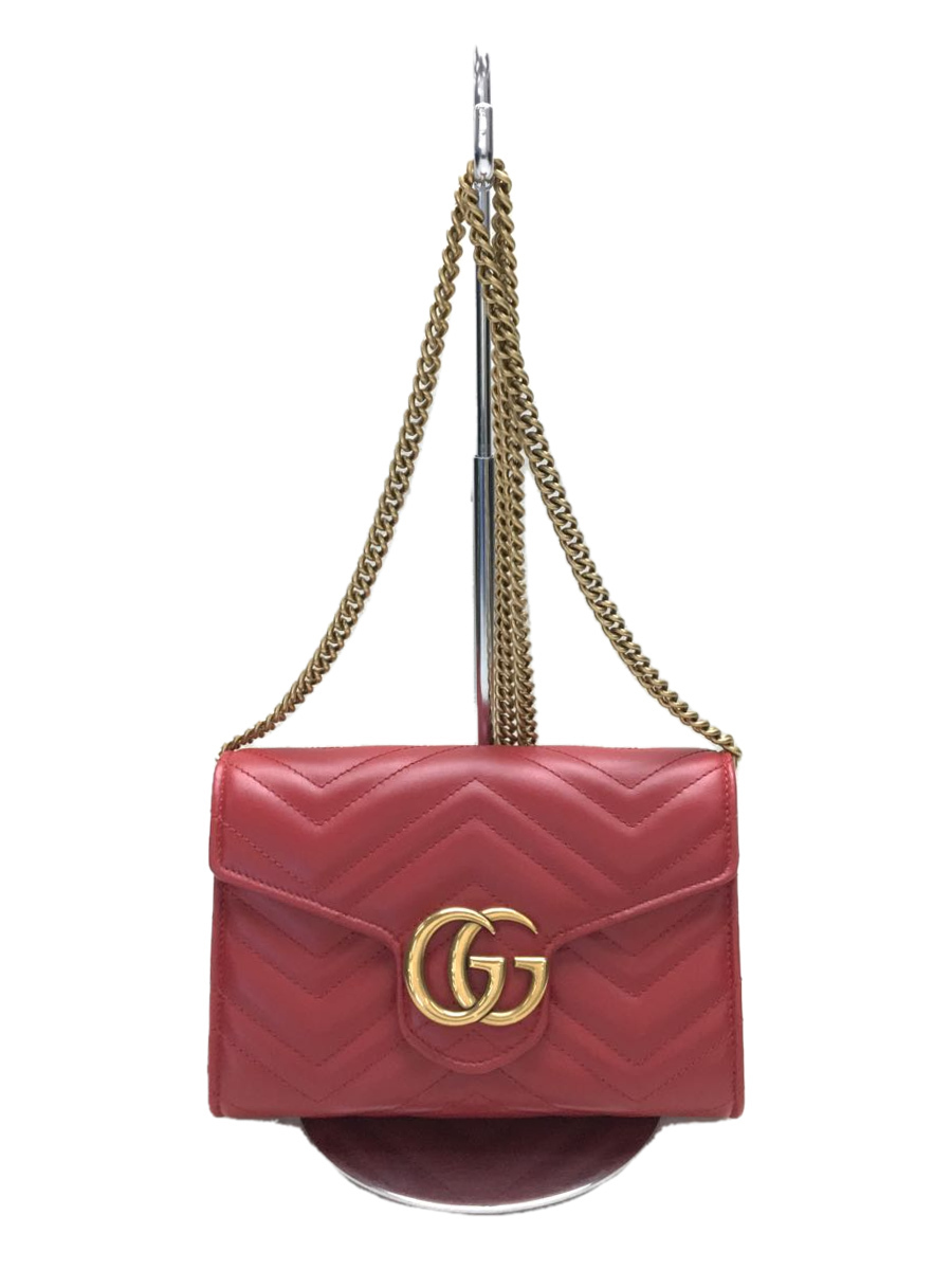 GUCCI◆グッチ/チェーンショルダーウォレット_GGマーモント_キルティング/レザー/RED/レディース