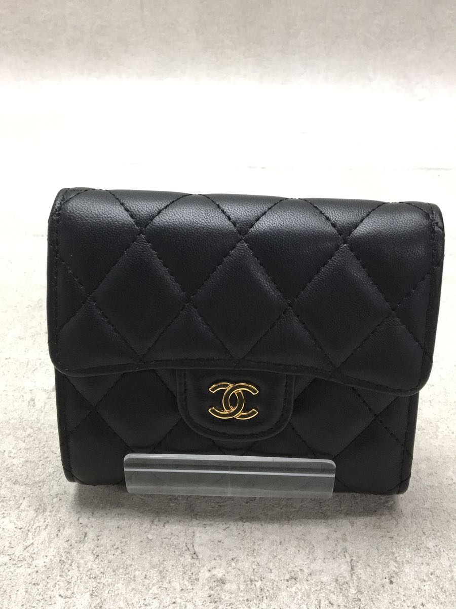 CHANEL◇2ツ折サイフ_マトラッセ_ラムスキン_ココマーク_BLK/レザー