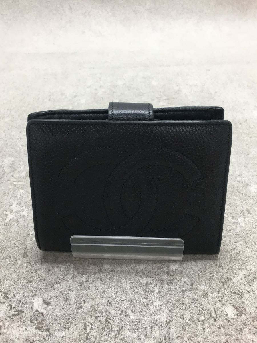 ランキング上位のプレゼント CHANEL◇2つ折り財布/レザー/BLK/無地